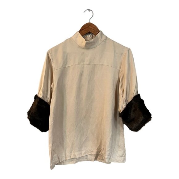 Zara Top Linen Blend Faux Fur Cuff High Neck Women's Size Small Old Money Mature - Picture 2 of 12